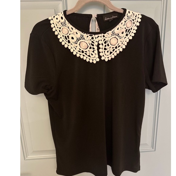 Alison Andrews Black Top Blouse Crochet Collar Minimalist Short Sleeve Medium M - Picture 2 of 12